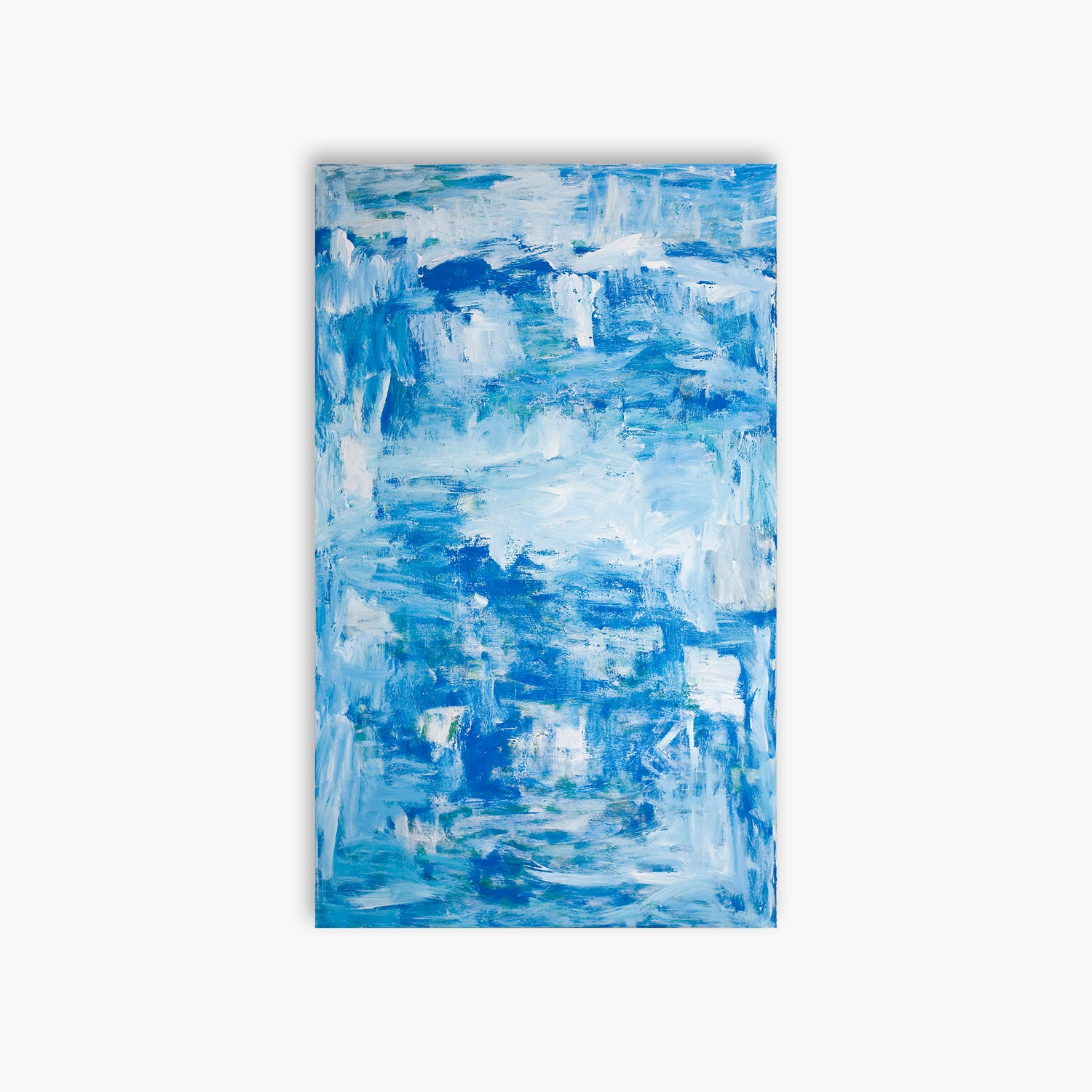 This is a hand-painted original and a one-of-a-kind collector's item.  An eddy.... a current of water created behind a rock or other obstruction, such as a house or car, flows in a circular upstream direction.  Tom Kranjac "Blue Eddy" 1985 Acrylic on Canvas 30” x 60"