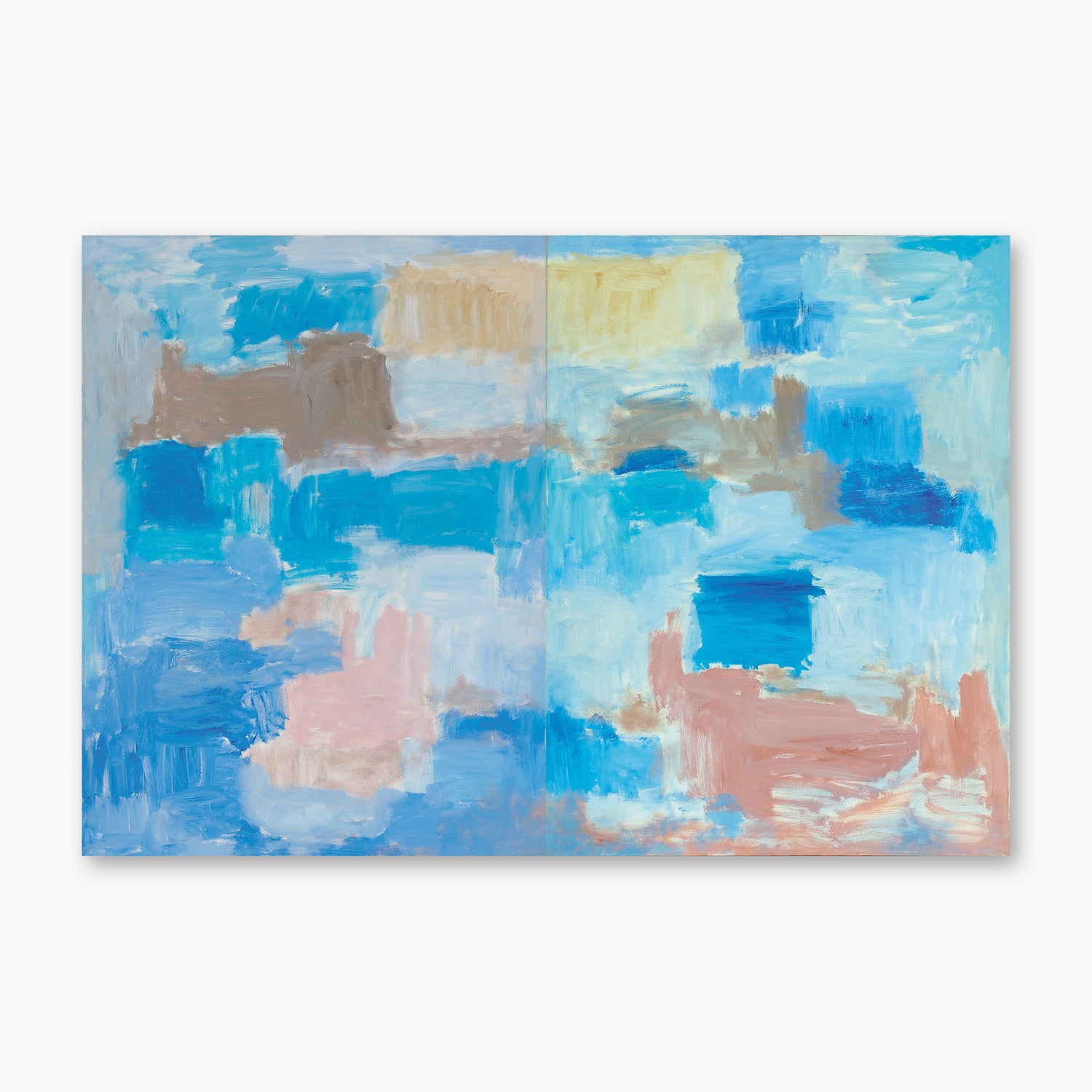 This is a hand-painted original and a one-of-a-kind collector's item. The several beige colors and shapes are reiterated in compliment by the several blue tones and shapes.     Tom Kranjac "Bichon Blu" 2004 Acrylic on Canvas 72” x 48” (Diptych)  